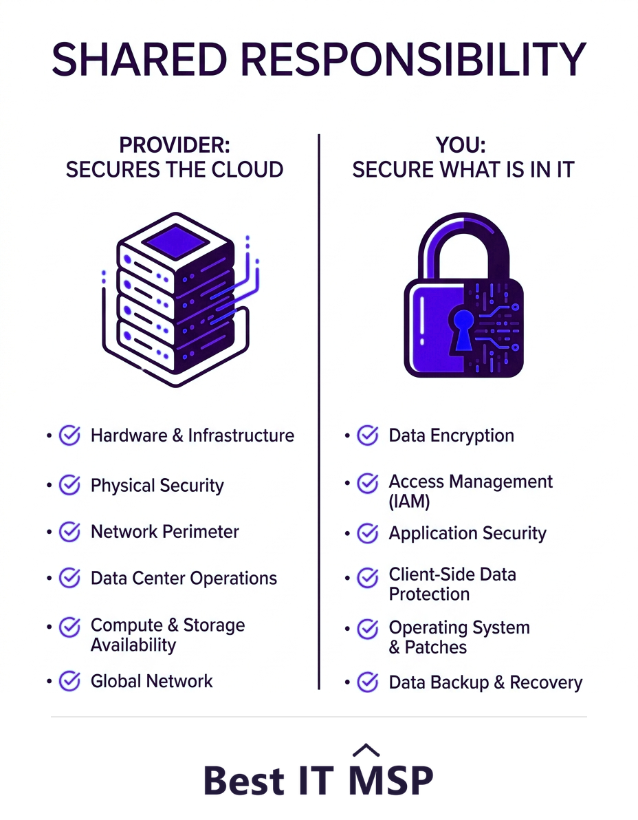 The shared responsibility model splits security between provider and customer
