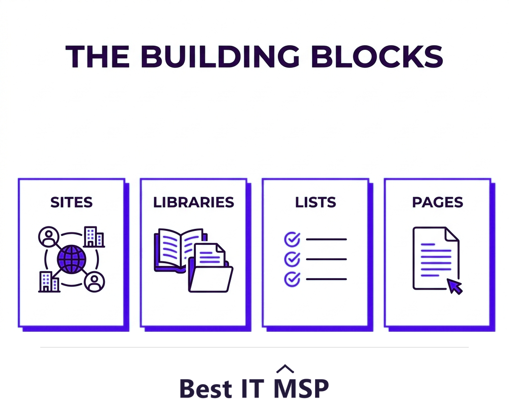 SharePoint building blocks: sites, libraries, lists, and pages