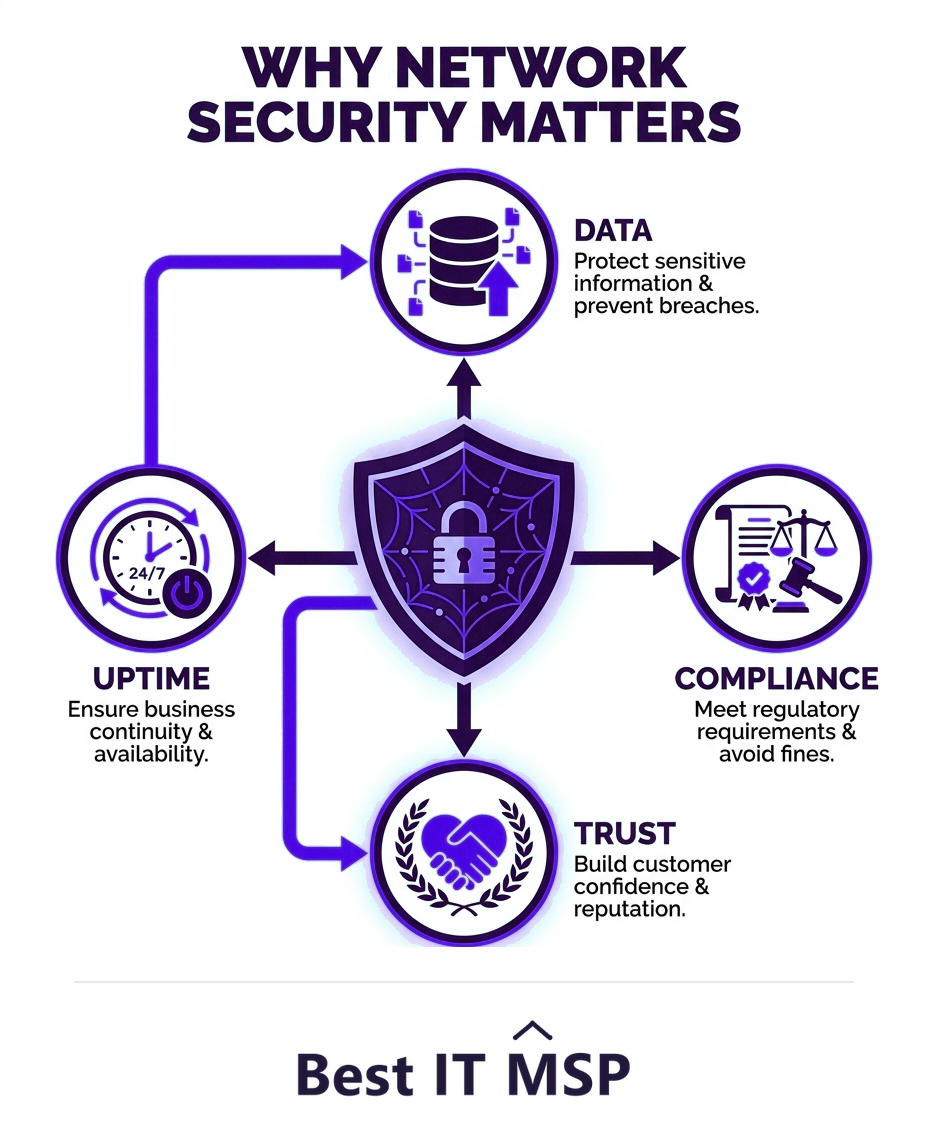Network security protects data, uptime, compliance, and trust
