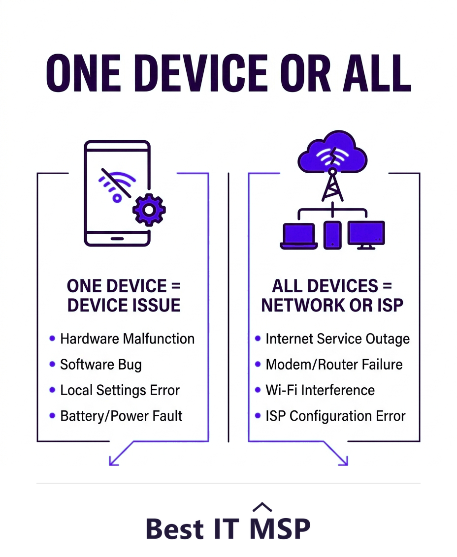 If one device fails the device is the problem; if all fail the network is
